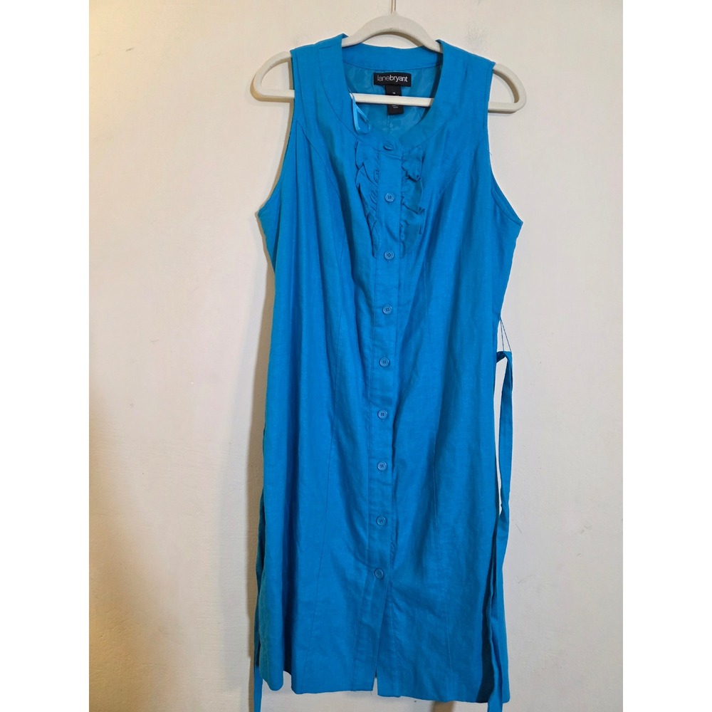 Lane Bryant Blue Linen Blend Ruffle Button Front Sleeveless Belted Dress 16